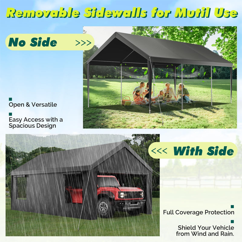 Velway Carport 12x20ft Heavy-Duty Canopy - Portable Garage Metal Carport Featuring Galvanized Frame Waterproof & UV-Protected Tarp with Removable Sidewalls & Doors for Car, Truck, Boat