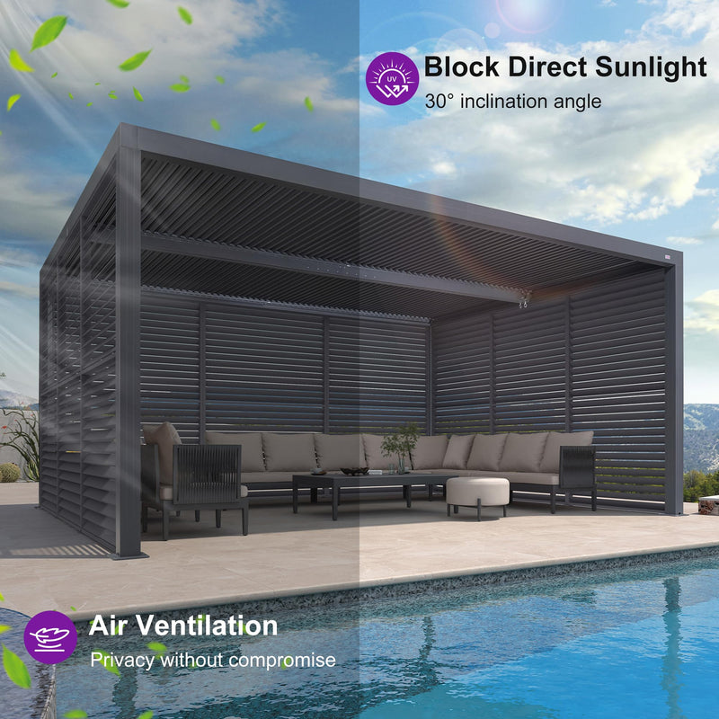 PURPLE LEAF Louvered Pergola 94AS 12' x 16' Outdoor Aluminum Pergola with Fixed Shutter Wall Adjustable Roof for Deck Backyard Grey Hardtop Gazebo, 1/4 Long Side and 1 Short Side