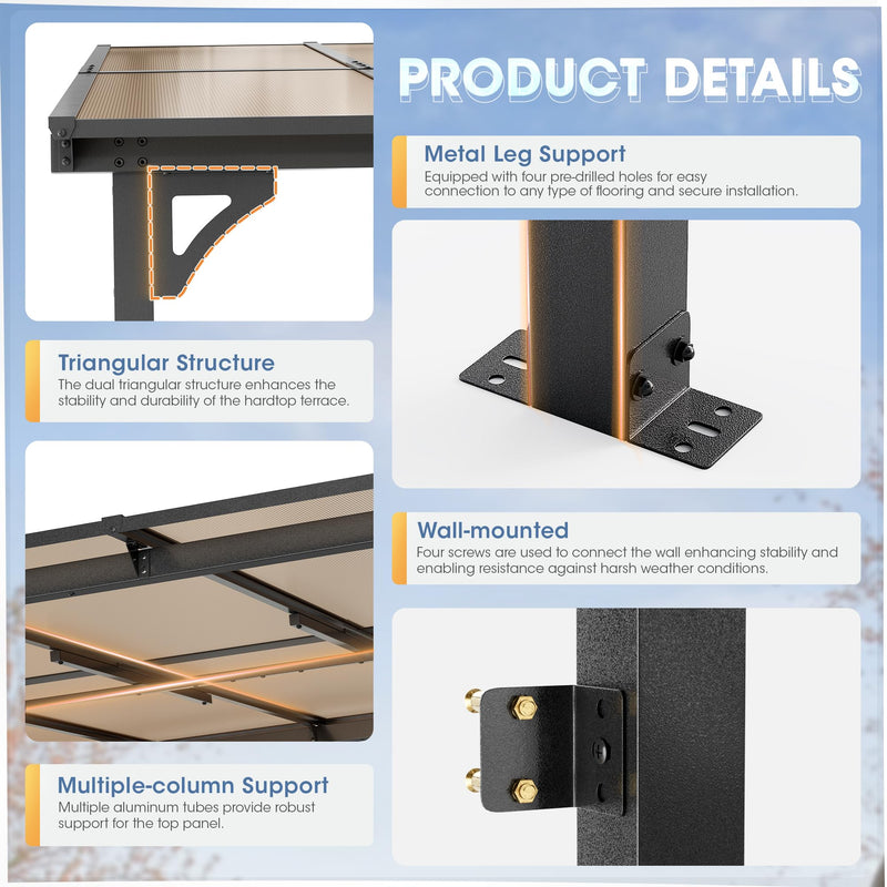 Inbruce Wall Gazebo 10’ x 12’with Dewatering Hole, Large Hard Top Gazebos Pergola with Sloped Roof, Outdoor Gazebo Canopy Awnings for Deck, Backyard, Garden and Porch
