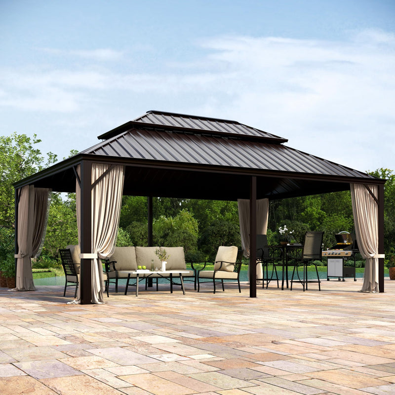 MIXPATIO 14' x 20' Hardtop Gazebo, Galvanized Steel Metal Double Roof Gazebo, Permanent Outdoor Metal Pavilion with Curtain and Netting for Deck, Backyard, Patio, Lawns