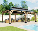 AMERLIFE 12x20 ft Hardtop Gazebo, Spruce Wood Gazebo with Iron Double Roof, Outdoor Pergola with Wood Frame for Garden, Porch, Patio, Charcoal Gray + Brown Gray