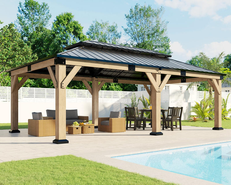 AMERLIFE 12x20 ft Hardtop Gazebo, Spruce Wood Gazebo with Iron Double Roof, Outdoor Pergola with Wood Frame for Garden, Porch, Patio, Charcoal Gray + Brown Gray