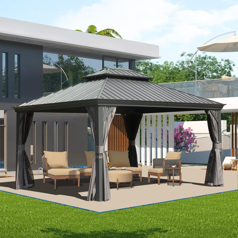 Domi 10x14FT Hardtop Gazebo, Permanent Outdoor Gazebo with Galvanized Steel Double Roof and Aluminum Frame, Curtain and Netting, Pavilion Gazebo for Patio Deck Garden, Grey
