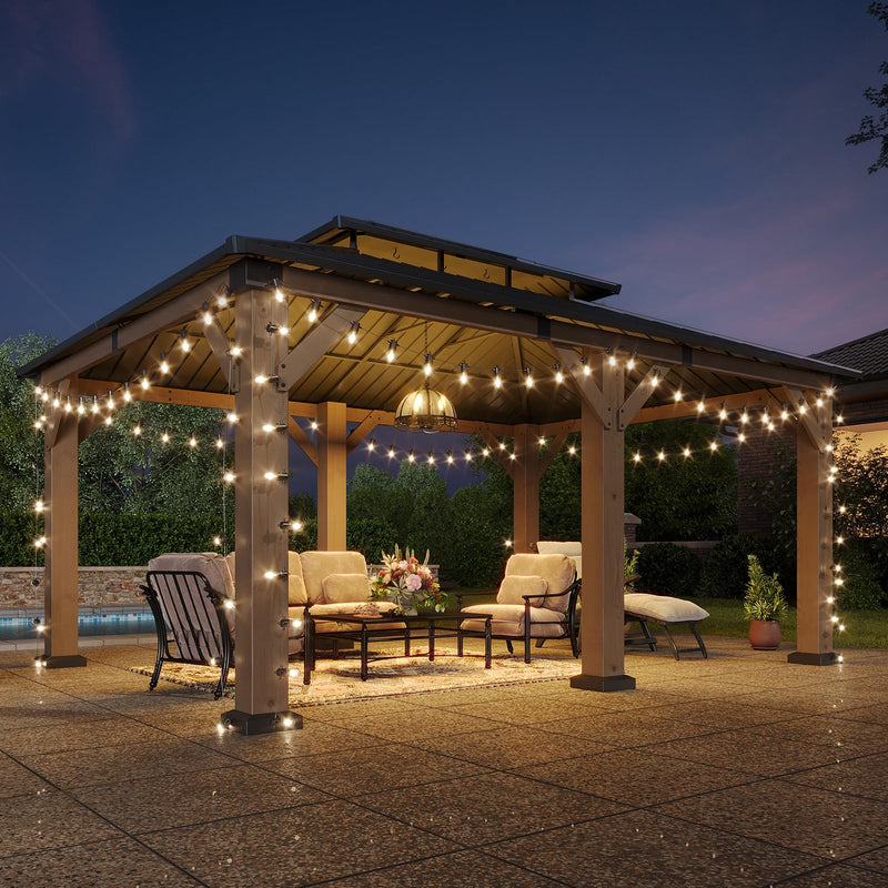 Aoxun 12' x 20' Outdoor Wood Gazebo, Hardtop Gazebo Permanent Wooden Pavilion with Galvanized Steel Double Roof, for Patio, Garden, Backyard, Cedar Wood