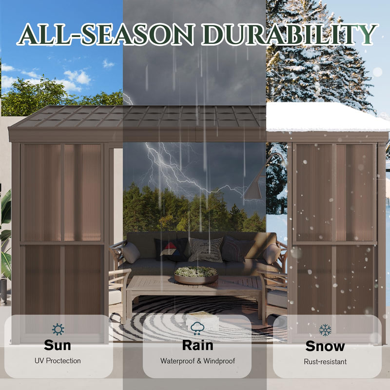 EROMMY 10' x 14' Sunroom, Wall Mounted Gazebo with Galvanized Steel Roof & Aluminum Frame, 3-Sided Sliding Doors, Lean to Gazebo with 6mm Thickened UV-Resistant PC Screen for Patio, Garden, Backyard