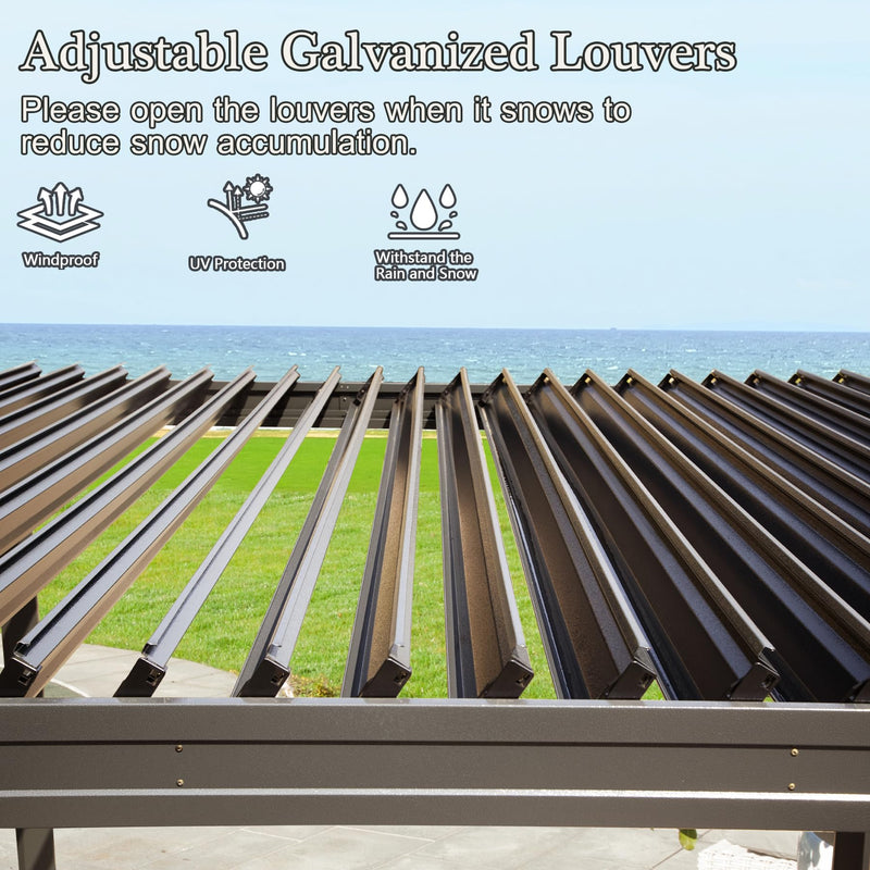Domi Outdoor Louvered Pergola 10x20FT with Adjustable Steel Roof, Outdoor Aluminum Frame Rainproof Pergola for Backyard, Garden and Lawn,Brown