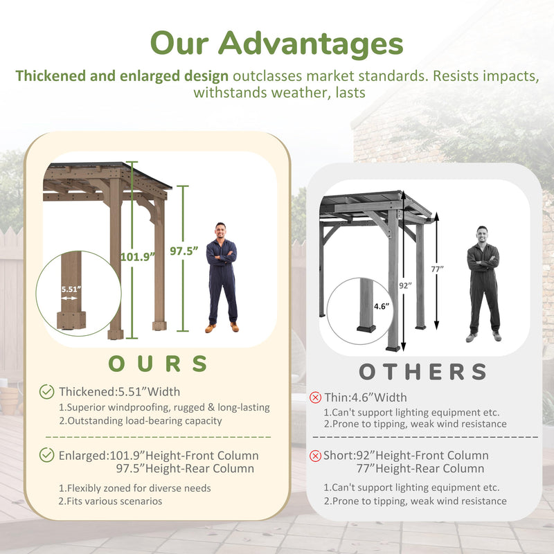 VEIKOU 10x20FT Outdoor Patio Gazebo with 5.5" Width Wood Posts, BBQ Backyard Shelter with Cedar Frame, Grill Gazebo with Sloping Steel Roof Design for Barbecue, Deck, Garden, Light Mocha Brown