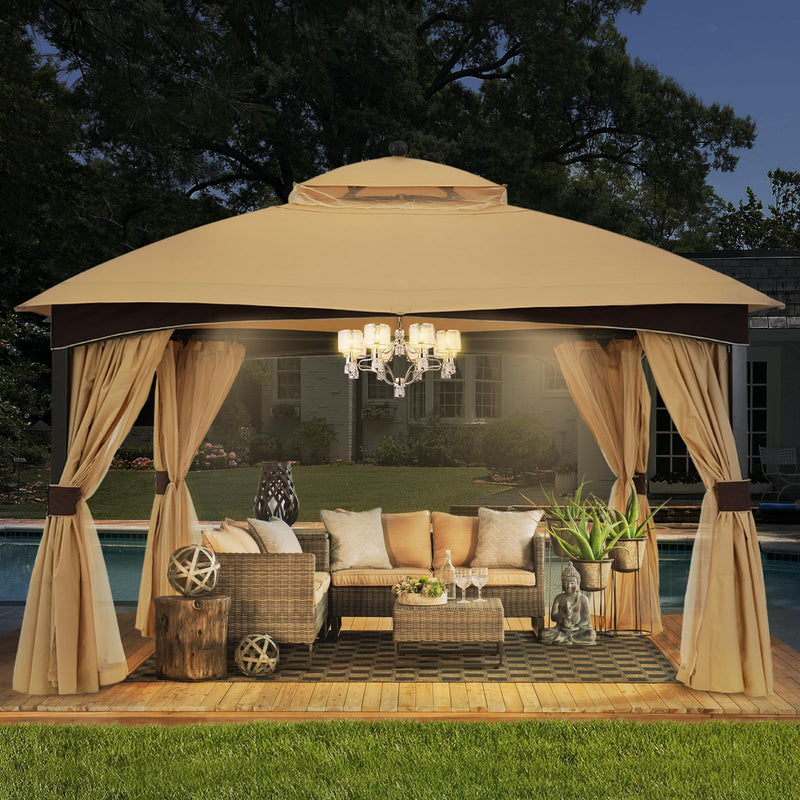 ABCCANOPY Outdoor Gazebo 11x13 with Netting - Double Roof Patio Gazebos for Backyard Garden Deck Lawn, Beige