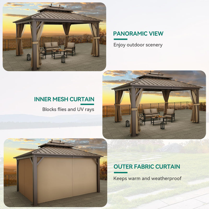 YITAHOME 10x12ft Hardtop Gazebo with Nettings and Curtains, Heavy Duty Double Roof Galvanized Steel Outdoor Combined of Horizontal Vertical Stripes Roof for Patio, Backyard, Deck, Lawn (Bronze)