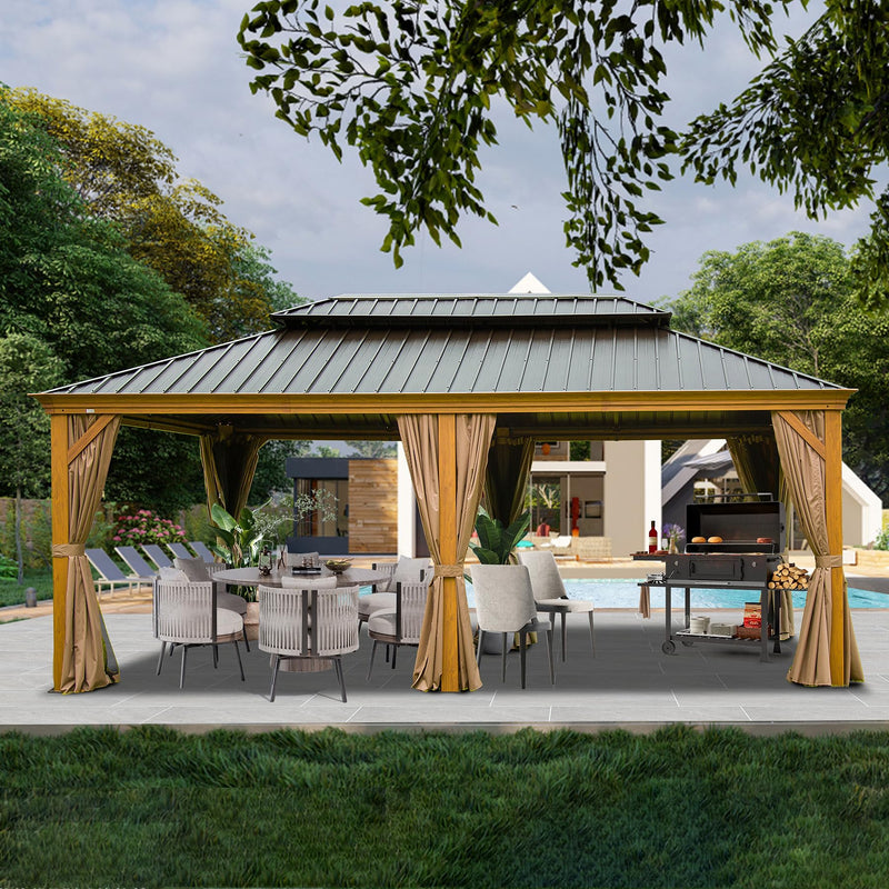Domi Outdoor Living 14’x20’ Hardtop Gazebo, Wooden Coated Aluminum Frame Canopy with Galvanized Steel Double Roof, Outdoor Permanent Metal Pavilion with Curtains and Netting for Patio, Deck and Lawn