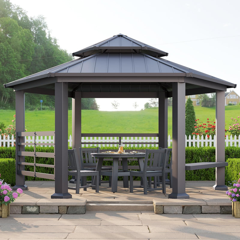 AMERLIFE 13X15FT Hardtop Gazebo, Hexagon Metal Patio Gazebo, Double Tiered Patio Pavilion with Aluminum Foot, Dual Rails, Ceiling Hook and Bench for Patio, Garden, Backyard Shade