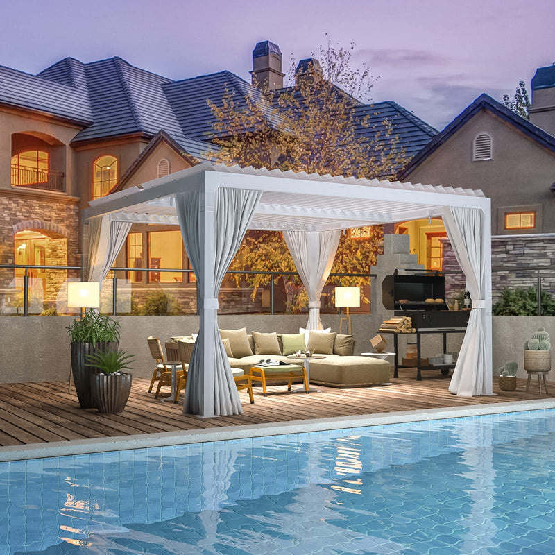 EROMMY 10x10FT Louvered Pergola Outdoor Sun Shade Shelter with Aluminum Frame and Adjustable Metal Rainproof Roof for Garden & Patio, Curtains and Netting Included, White