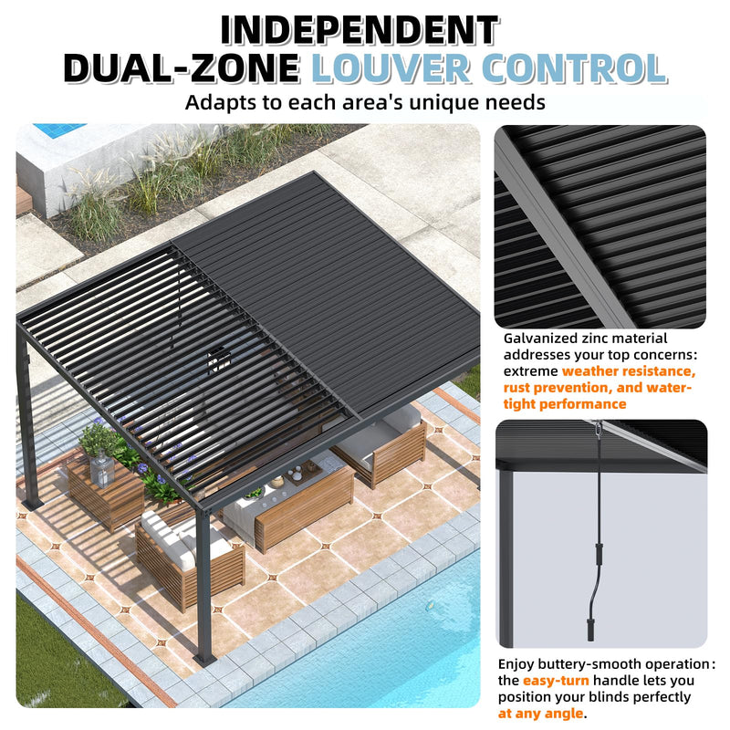 AECOJOY 13' x 10' Louvered Gazebo Pergola, 10x13 Outdoor Hardtop Wall-Mounted Lean to Gazebo with Adjustable Metal Rainproof Patio Roof, Pergolas and Gazebos Clearance, Heavy Duty Awnings for Patio
