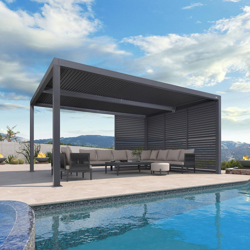 PURPLE LEAF Louvered Pergola 94AS 12' x 16' Outdoor Aluminum Pergola with Fixed Shutter Wall Adjustable Roof for Deck Backyard Grey Hardtop Gazebo, 1/4 Long Side and 1 Short Side