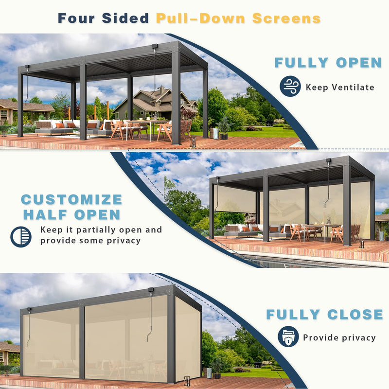 YOLENY 10x20ft Louvered Pergola, Outdoor Pergola with Adjustable Rainproof Roof, Aluminum Gazebo with 6 Panels Pull-Down Screen for Patio, Lawn, Garden, Backyard, Deck, Dark Gray