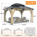 GARTOO 11’x13’ Patio Wooden Gazebo, Galvanized Steel Roof Gazebo & Privacy Curtains and Netting, Double Vented Roof Hardtop Gazebo for Garden, Porch, Lawn, Poolside, Backyard, Deck