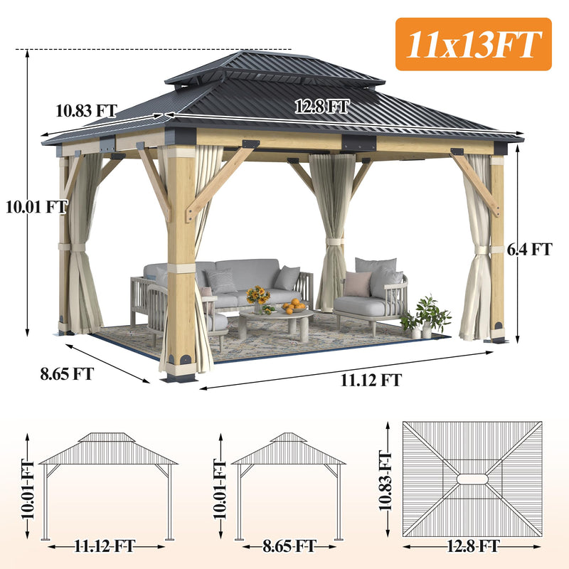 GARTOO 11’x13’ Patio Wooden Gazebo, Galvanized Steel Roof Gazebo & Privacy Curtains and Netting, Double Vented Roof Hardtop Gazebo for Garden, Porch, Lawn, Poolside, Backyard, Deck