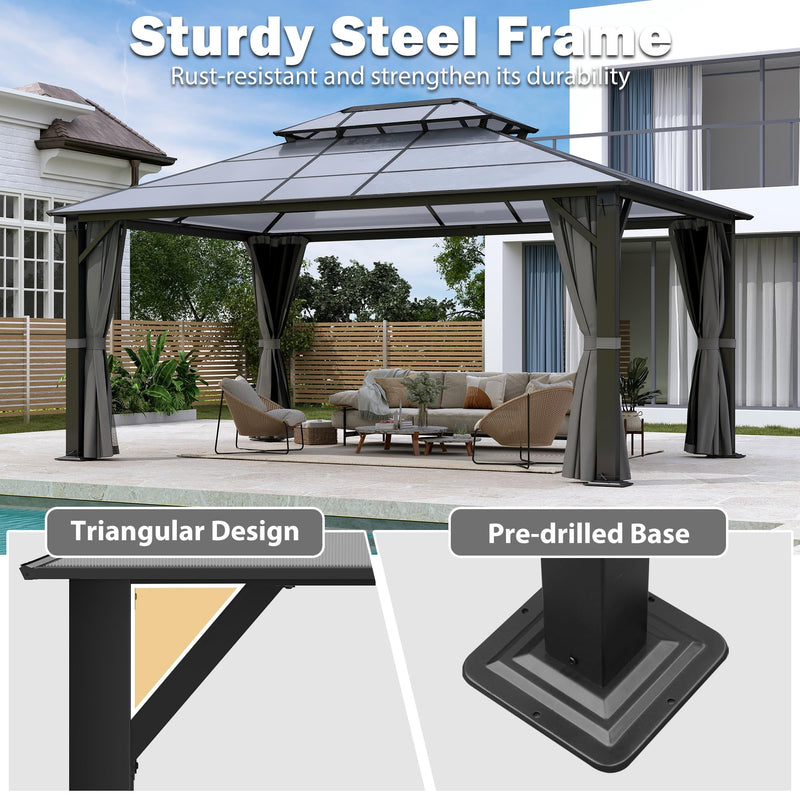 Raysfung Hardtop Gazebo 12' x 16', Patio Gazebos with Polycarbonate Roof & Steel Frame, Outdoor Pavilion with Gray Curtain&Netting for Backyard/Lawn/Garden/Deck