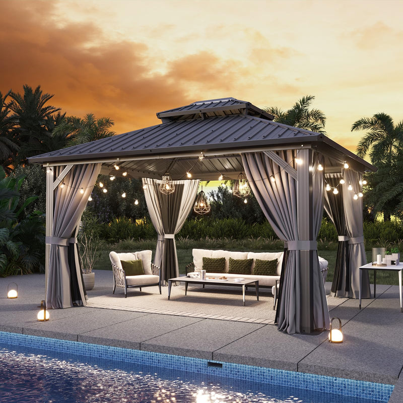 Aoxun 12'x14' Hardtop Gazebo, Aluminum Frame Canopy with Double Galvanized Steel Roof, Outdoor Metal Pavilion with Netting, Curtains for Backyard, Patio and Deck
