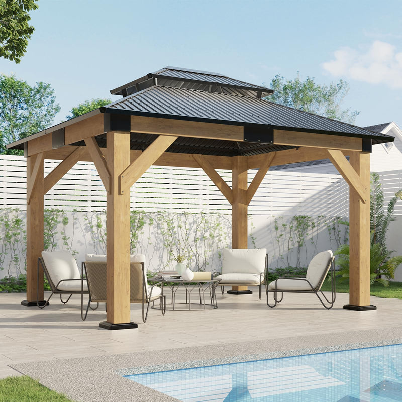 AMERLIFE 10x12 Wood Gazebo, Hardtop Gazebo with Spruce Frame and Aluminum Double Roof, Outdoor Pergola for Parties, Backyard, Patio, Lawns, Black + Natura Wood