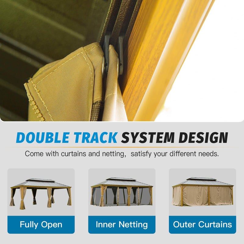 Domi Outdoor Living 14’x20’ Hardtop Gazebo, Wooden Coated Aluminum Frame Canopy with Galvanized Steel Double Roof, Outdoor Permanent Metal Pavilion with Curtains and Netting for Patio, Deck and Lawn