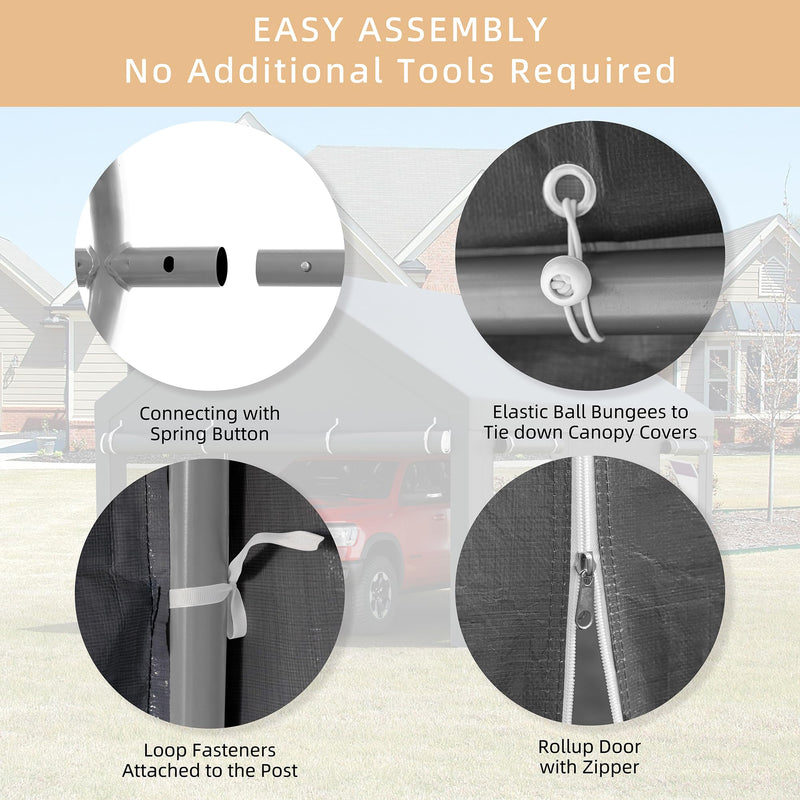 JY QAQA Carport, 12x20 FT Heavy Duty Carport with Removable Side Walls and Doors, Car Canopy with All-Season Tarp for Cars, Grey