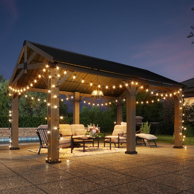 Aoxun 12' x 16' Outdoor Wood Gazebo, Hardtop Gazebo Permanent Wooden Pavilion with Galvanized Steel Gable Roof, for Patio, Garden, Deck, Cedar Wood