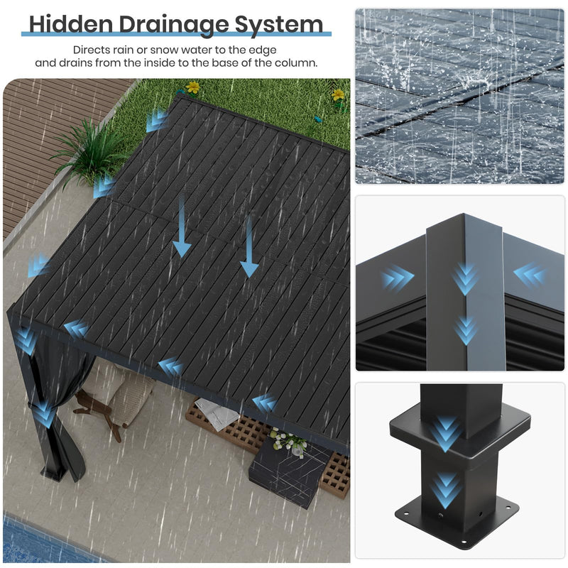 10'×13' Outdoor Louvered Pergola, Aluminum Outdoor Louvered Pergola Patio with Adjustable Roof for Outdoor Deck, Backyard, Garden (10x13FT with Curtain)
