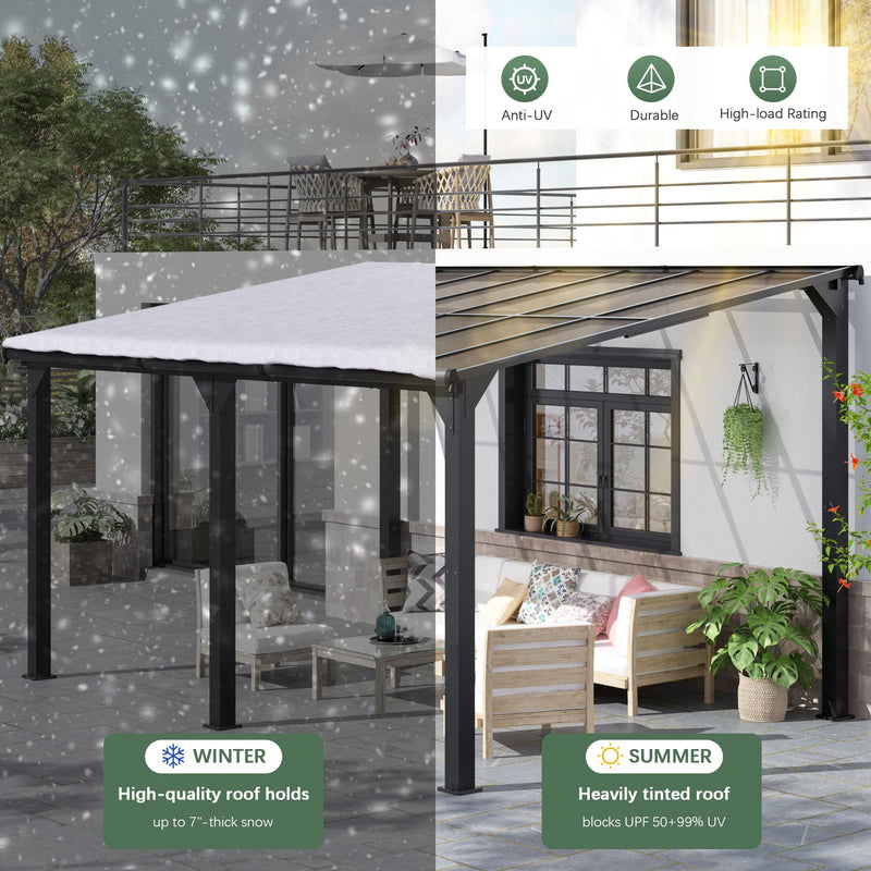 HOGYME 10x14 FT Gazebo, Outdoor Gazebos on Clearance with Updated Frame Structure and Roof, Hard Top Lean to Gazebo Pergola, Wall Mounted Awnings for Patio, Deck, Lawn and Backyard