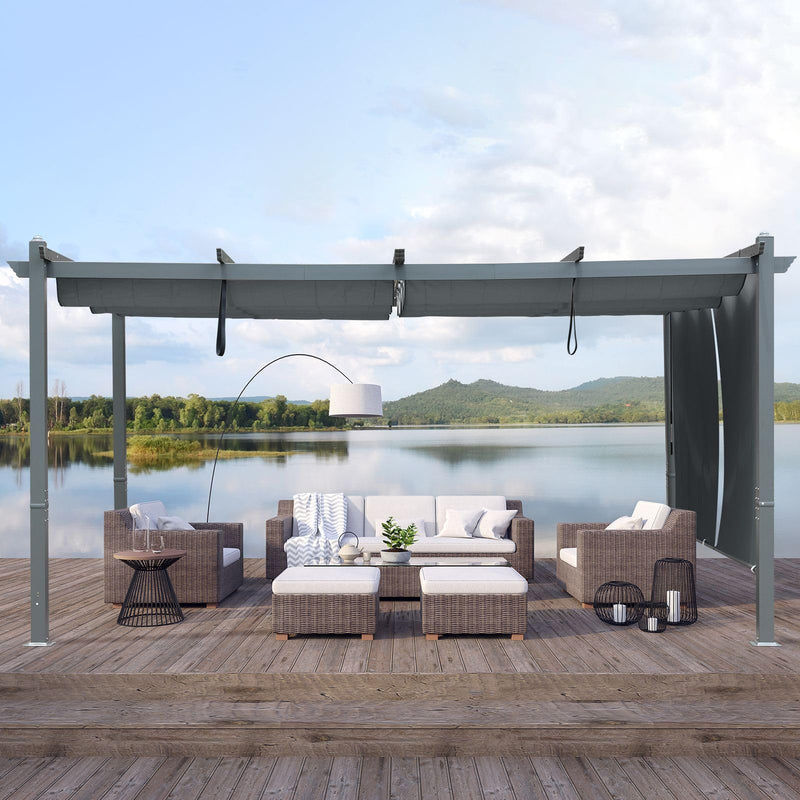 Aoodor 12 x 16 ft Outdoor Pergola with Retractable Shade Canopy, Matte Dark Gray Aluminum Frame, 2 Roller Shade Curtains, Grape Trellis Pergola for Patio, Backyard, Deck, Grey