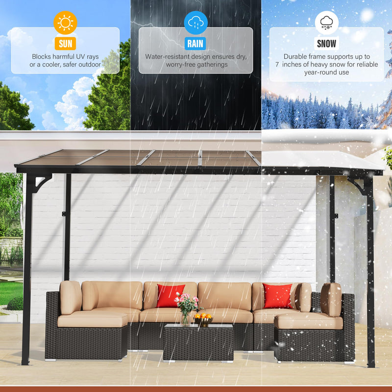 Oakcloud 10' x 12' Outdoor Wall Mounted Gazebo, Patio Lean to Gazebo Pergola with Sloped Roof, Large Heavy Duty Awning for Patio, Backyard, Deck