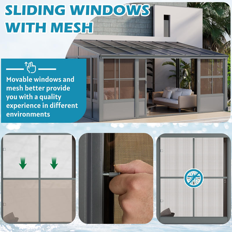 EROMMY 10' x 16' Sunroom, Wall Mounted Gazebo Solarium with Aluminum Frame, Polycarbonate Roof, Permanent Sun Room with Sliding Doors, Lockable PC Screen Walls, Lean to Gazebo for Garden, Patio, Grey