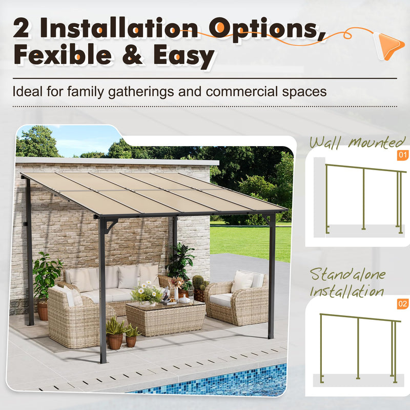 Crownland 10'x10' Outdoor Gazebo Hardtop, Wall-Mounted Lean-to Gazebo with Dewatering Hole, Large Outdoor Pergola Awning, Waterproof for Deck, Backyard, Garden, Porch