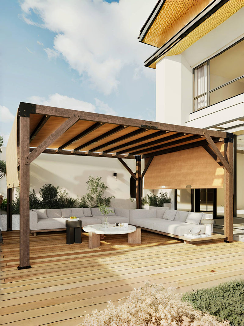 KYBOLT 12 X 14 Ft Wood Pergola with Retractable Sunshade Canopy, Solid Structure, Outdoor Pergola for Backyard, Deck, Garden (Reddish-Brown)