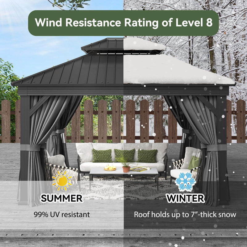 Aoxun 10' X 12' Hardtop Gazebo, Aluminum Outdoor Gazebo with Galvanized Steel Double Roof Canopy, Permanent Metal Pavilion with Privacy Curtain and Netting, for Garden, Backyard, Square Foundation
