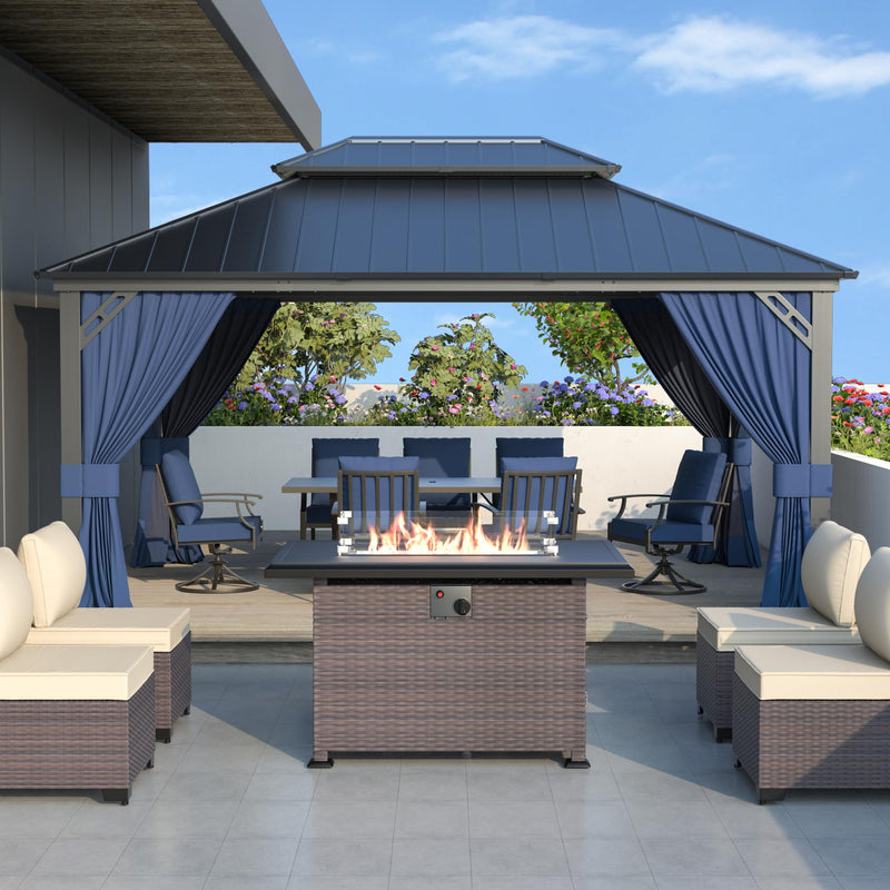 12' x 16' Hardtop Gazebo,Outdoor Galvanized Steel Metal Double Roof Gazebo with Curtains and Netting for Patios, Gardens, Lawns,Navy Blue