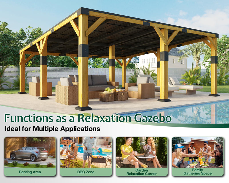 Jocisland 20x20x9.2 FT Cedar Wood Carport with Sloped Galvanized Steel Roof, Heavy Duty Outdoor Shelter for 2 Cars, Trucks, Boats & Tractors, Wind & Snow Resistant Pitch Roof Design