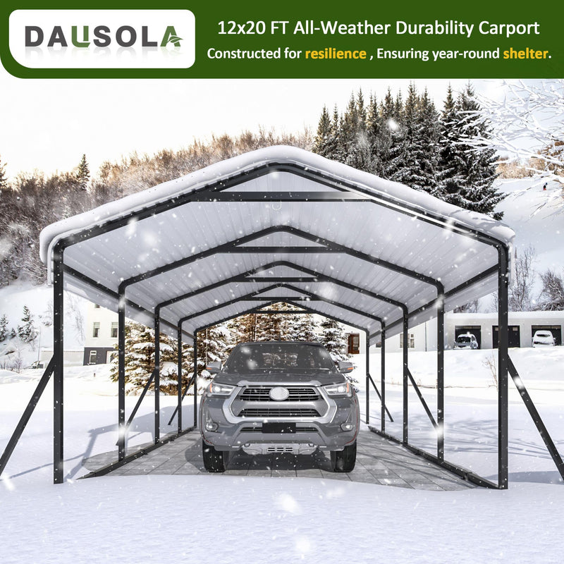 DAUSOLA Carport 12x20 FT Heavy Duty Carports Canopy with Updated Frame Structure Galvanized Steel Roof and Enhanced Base, Metal Carport Garage for Pickup, Boat, Car and Tractors