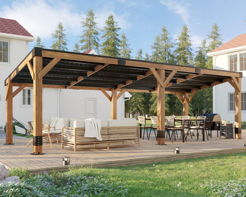 AMERLIFE 10 x 20FT Wood Gazebo with Metal Hardtop, Large Outdoor Grill Canopy with Sloped Roof, Heavy Duty Pergola for Garden, Patio, Backyard, Solid Spruce