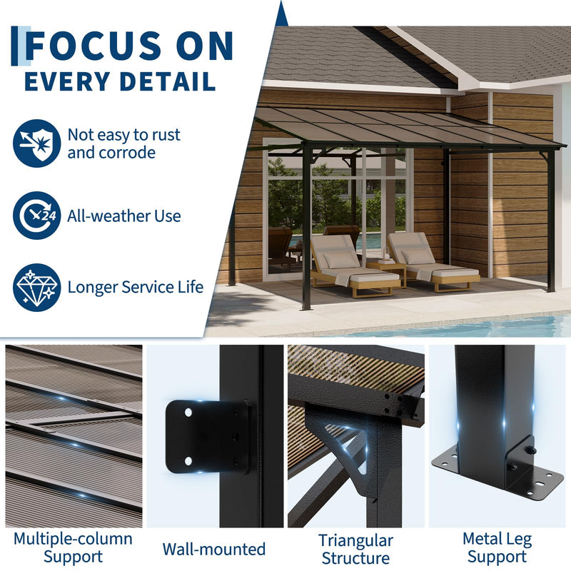 Garvee 10x12 Ft Outdoor Lean to Gazebo, Wall Mounted Patio Hardtop Gazebo Pergola with Polycarbonate Roof, Upgraded Steel Frame Hardtop Pavilion for Patio, Garden, Lawn, Deck