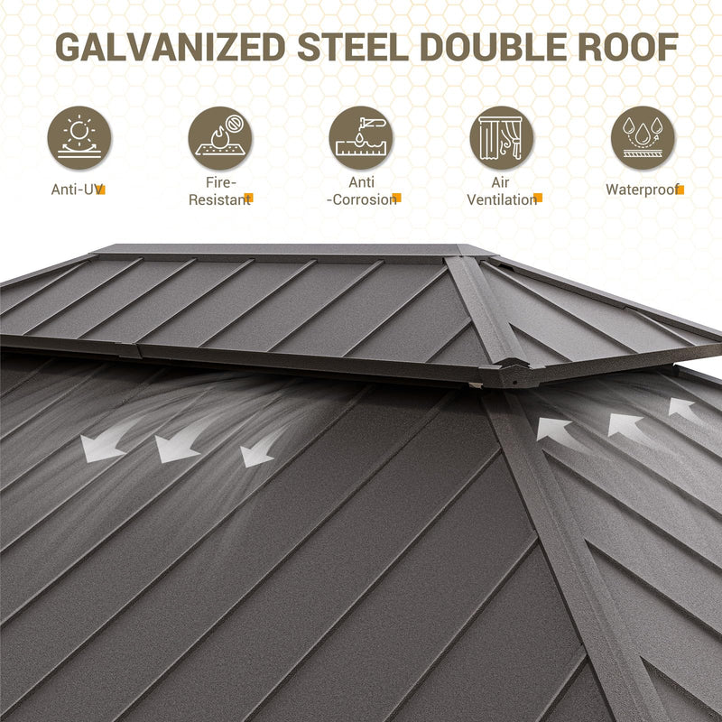 UDPATIO 12' x 16' Hardtop Gazebo, Outdoor Aluminum Gazebo with Galvanized Steel Double Roof, Permanent Metal Canopy with Curtains and Netting for Patio, Garden, Lawn, Backyard, Deck, Beige