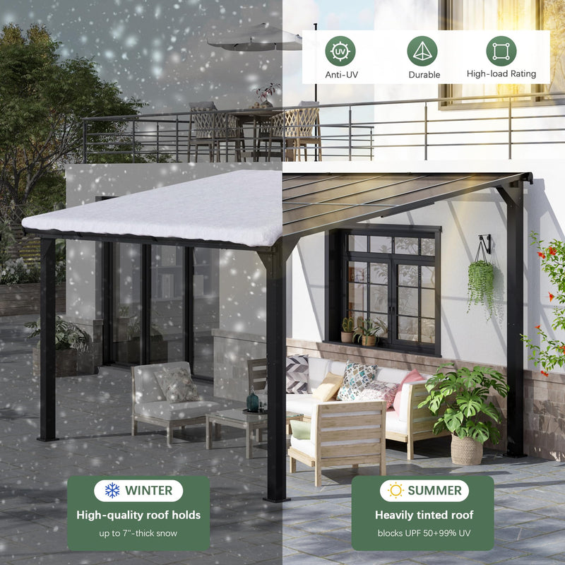 Outdoor Gazebo, Awnings for Patios Decks Backyards with Sunlight Panels, Top Lean to Pergola, Heavy-Duty Metal Sunroom, Frosted Gray (10X14 FT)