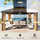 YOLENY 12' x 14' Gazebo Hardtop with Aluminum Frame,Galvanized Steel Double Roof Gazebos with Curtain and Netting,Outdoor Metal Pergolas for Garden, Lawn, Deck, Brown