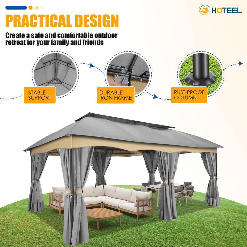 HOTEEL Gazebo 12x20, Outdoor Gazebo on Clearance with Double Ventilated Flat Roof, Privacy Curtains & Mosquito Netting, Easy Set up Canopy Tent with Stable Metal Frame for Patio, Gray (Upgraded 2.0)