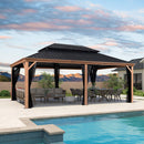 PURPLE LEAF 14' X 20' Outdoor Hardtop Gazebo for Patio Galvanized Steel Double Roof Permanent Canopy Teak Finish Coated Aluminum Frame Pavilion Gazebo with Netting