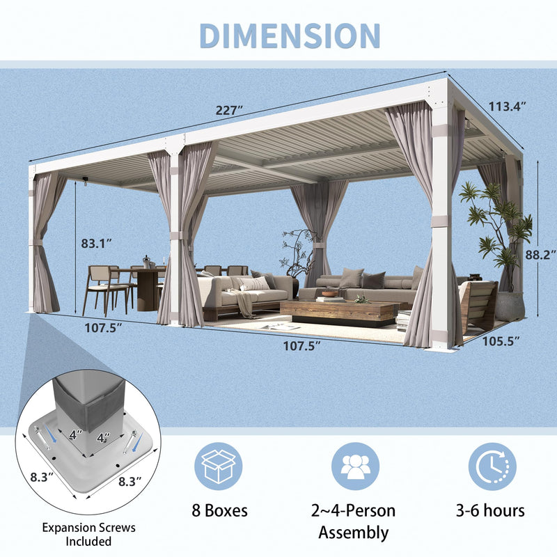 YOLENY Louvered Pergola 10x20, Aluminum Gazebo with Adjustable Waterproof Roof, Curtains and Netting Included, Deck and Backyard, White