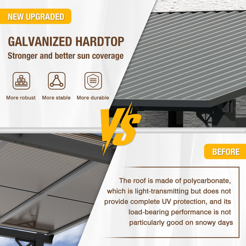 EBE 10' x 8' Hardtop Gazebo, Lean to Gazebos Outdoor Pergola with Galvanized Steel Roof, Wall Mounted Gazebo Pergola, Metal Awning for Patio, Decks, Backyard