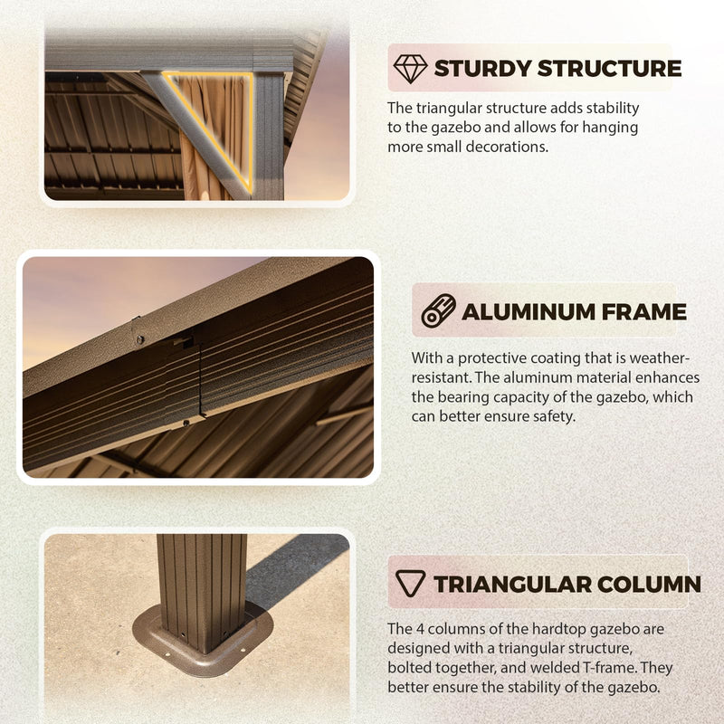 YOLENY 12' x 14' Gazebo Hardtop with Aluminum Frame,Galvanized Steel Double Roof Gazebos with Curtain and Netting,Outdoor Metal Pergolas for Garden, Lawn, Deck, Brown