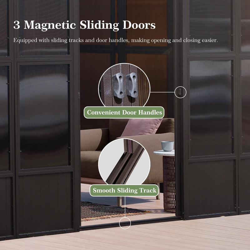 Domi 12x20FT Sunroom,Wall Mounted Gazebo Solarium with Front Door, Both Side Entrance, Galvanized Steel Sloping Roof, Moveable PC Screen, Outdoor Permanent Sun Room Lean to Gazebo for Deck Patio