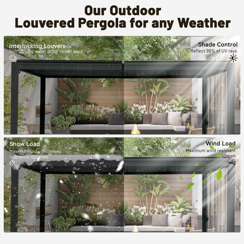 SHPAI 10’ x 16’ Louvered Pergola, Outdoor Pergola Aluminum Frame with Adjustable Rainproof Metal Roof, Permanent Sun Shade with Drainage System for Backyard, Garden and Lawn (Grey)